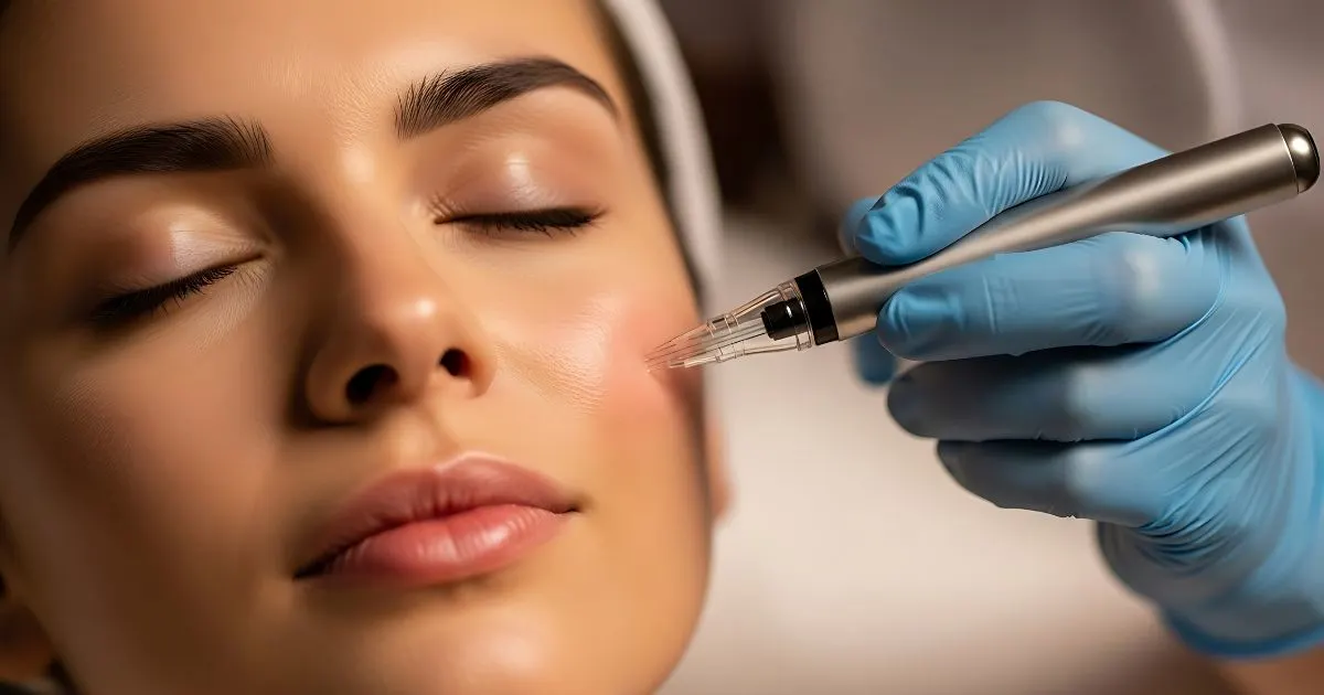Professional administering microneedling treatment (collagen induction therapy) on a woman's forehead to stimulate collagen.